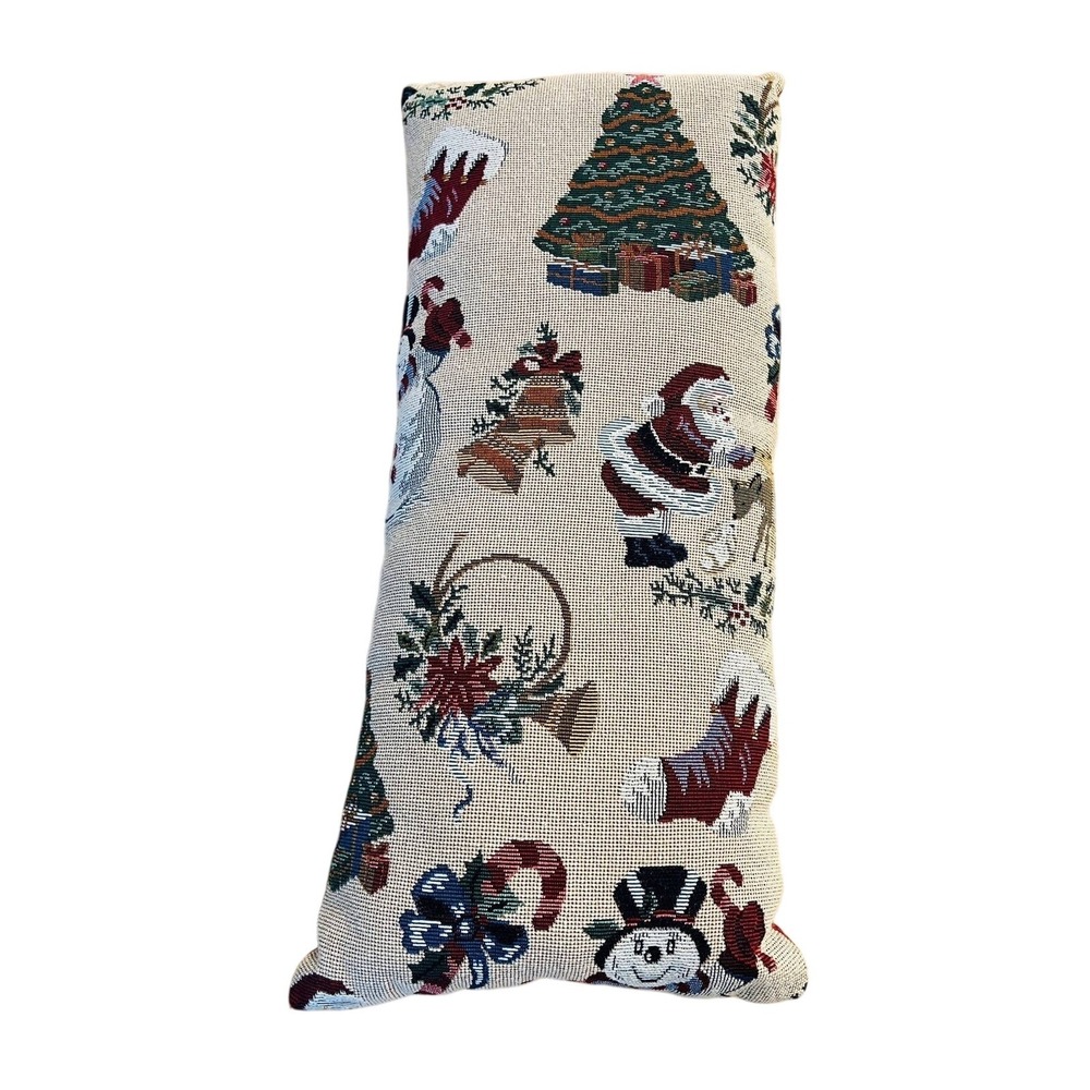 VTG Christmas Tapestry Accent Pillow Santa Snowman Large Burgundy Floral Damask